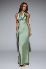 VIP Energy Satin Scarf Halter Maxi Dress Sage