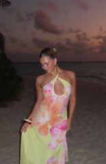 Elowen Yellow Hibiscus Floral Halter Maxi Dress