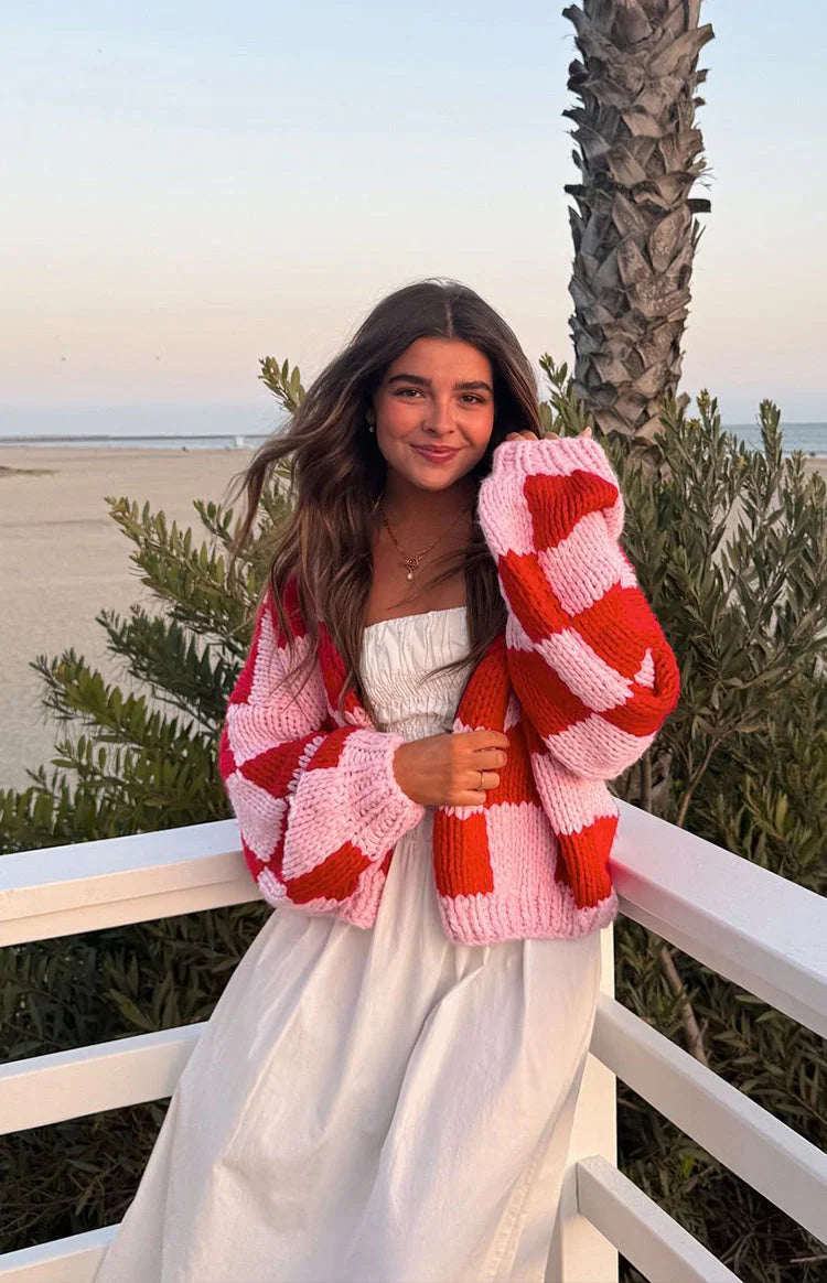 Envi Pink And Red Checkered Knit Cardigan