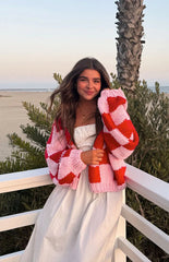 Envi Pink And Red Checkered Knit Cardigan