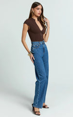 Cap Sleeve Slit Neck Zip Front Chocolate Top