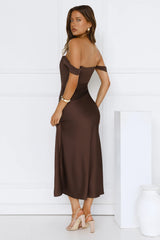 Evening Muse Off Shoulder Mesh Maxi Dress Brown