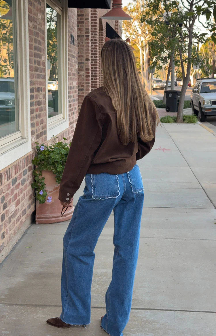 Kansis Mid Wash Scallop Pockets Uneven Waist Jeans