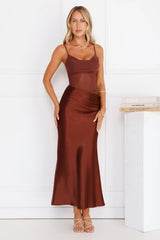 Rule The Glow Satin Mesh Maxi Dress Brown