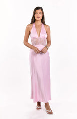Divandi Pink Lace Halter Neck Formal Maxi Dress