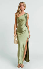 Olive Satin One Shoulder Side Split Maxi Dress