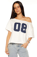 Amelie White Printed Off Shoulder Oversized Tee