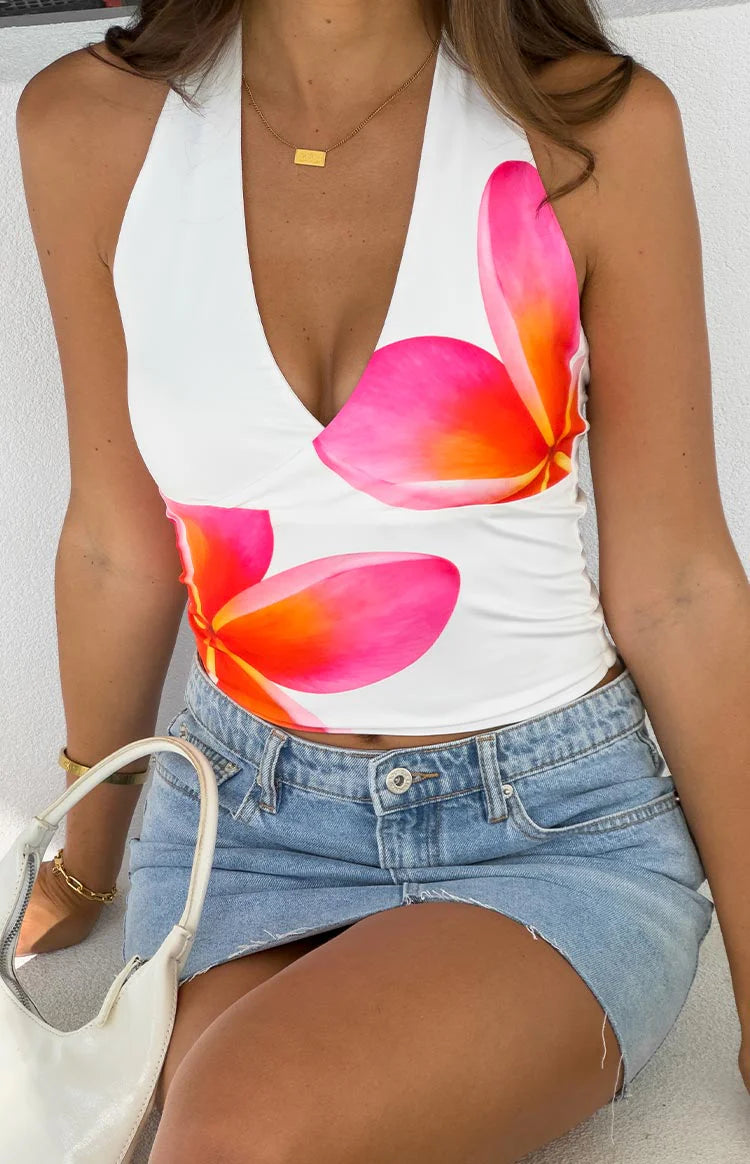 Amora White Frangipani Print Halter Top