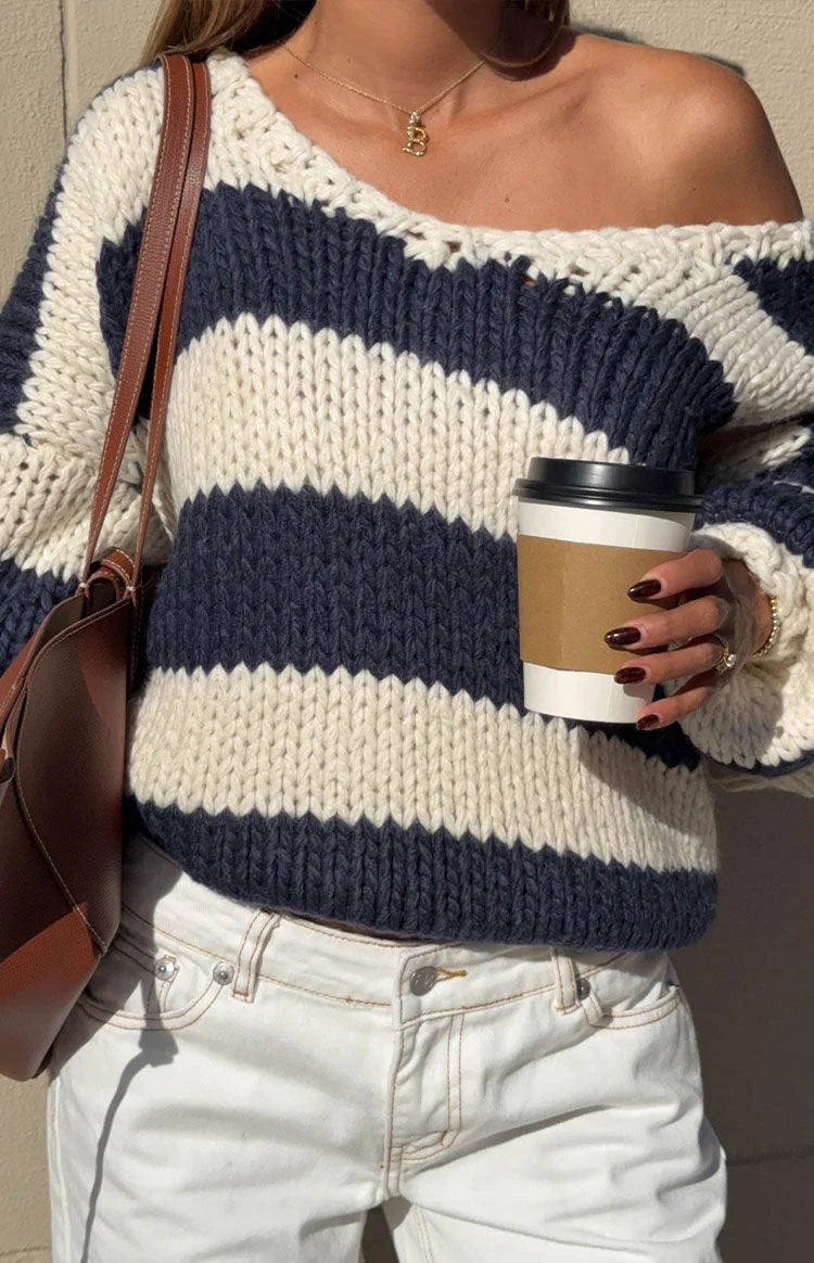 Delvey Navy Striped Chunky Knit Sweater