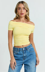Pastel Yellow Off-Shoulder Gathered Short Sleeve Top