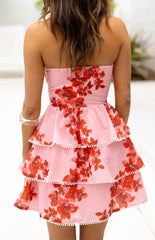 Sofia Pink Floral Strapless Ruffle Mini Dress