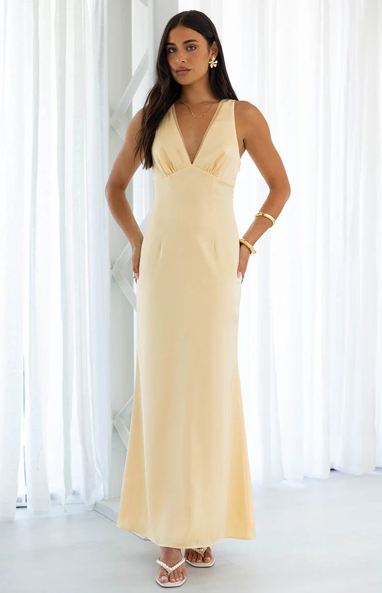 Nicolina Yellow Satin Formal Maxi Dress