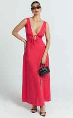 Red Plunge Neckline Tie Front A Line Midi Dress