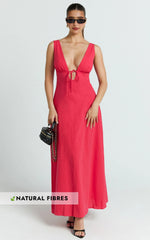 Red Plunge Neckline Tie Front A Line Midi Dress