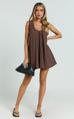 Chocolate Deep U Gathered Neck Smock Mini Dress