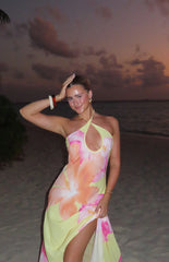 Elowen Yellow Hibiscus Floral Halter Maxi Dress