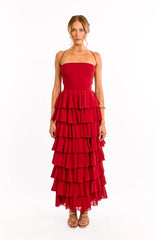 Kim Red Strapless Ruffle Maxi Dress
