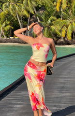 Alora Yellow and Pink Floral Print Hanky Hem Maxi Skirt