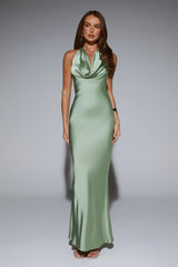 VIP Energy Satin Scarf Halter Maxi Dress Sage