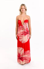Braelyn Orange Hibiscus Print Strapless Maxi Dress