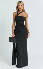 Ginny Maxi Dress - Asymmetric Neck Waist Tie Dress in Black