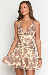 Scenes Brown Anemone Floral Print Halter Mini Dress
