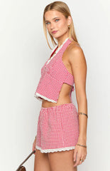 Arnie Red Gingham Broderie Lace Halter Top