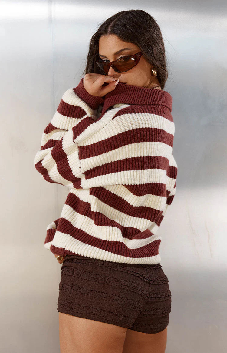 Daze Burgundy Stripe Polo Knit Sweater