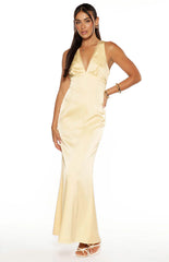 Nicolina Yellow Satin Formal Maxi Dress