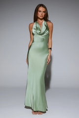 VIP Energy Satin Scarf Halter Maxi Dress Sage