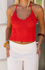 Kiki Red Crochet Flower Halter Top