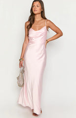 Elma Pink Satin Wrap Tie Maxi Dress