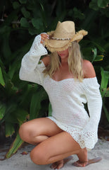 Li White Crochet Long Sleeve Mini Dress