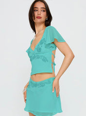 Pappilion Embroidered Top Aqua