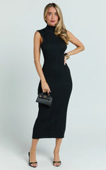 Black Midi Turtle Neck Sleeveless Ruche Waist Fitted Knit Dress