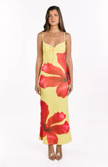 Rosalyn Yellow Hibiscus Print Maxi Dress