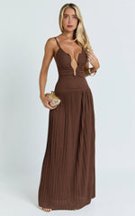 Hathaway Maxi Dress - U Shaped Neck Pleated Dress in Chocolate