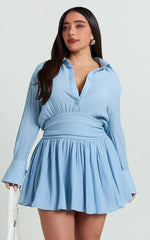 Pale Blue Collared Long Sleeve Corset Waist Mini Shirt Dress