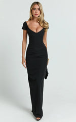 Black Off-Shoulder Plunge High-Split Maxi Dress