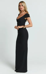 Black Off-Shoulder Plunge High-Split Maxi Dress