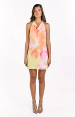 Zyla Yellow Hibiscus Floral Print Cowl Mini Dress