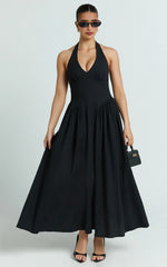 Black Halter Drop Waist Midi Dress