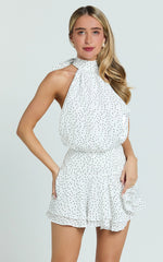 Ivory Mini Backless Halter Dress with Black Polka Dots