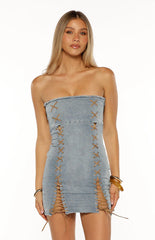 Danica Light Wash Denim Lace Up Strapless Mini Dress