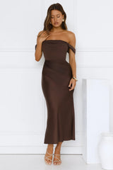 Evening Muse Off Shoulder Mesh Maxi Dress Brown