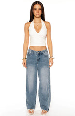 Posey Mid Wash Contrast Seam Wide Leg Jeans