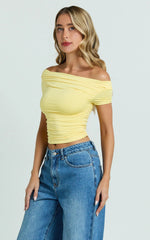 Pastel Yellow Off-Shoulder Gathered Short Sleeve Top