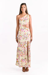 Mellick Yellow Bloom Satin Maxi Dress