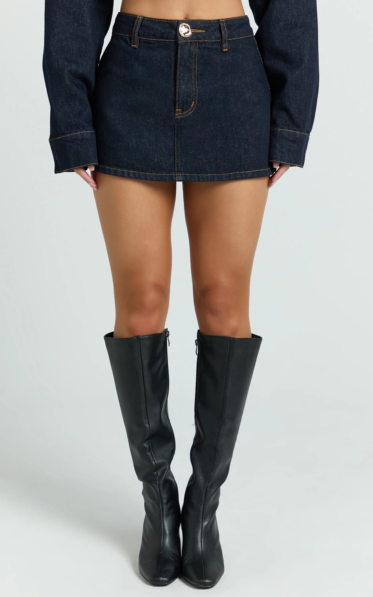 Mid Rise Denim Skort in Raw Denim Wash